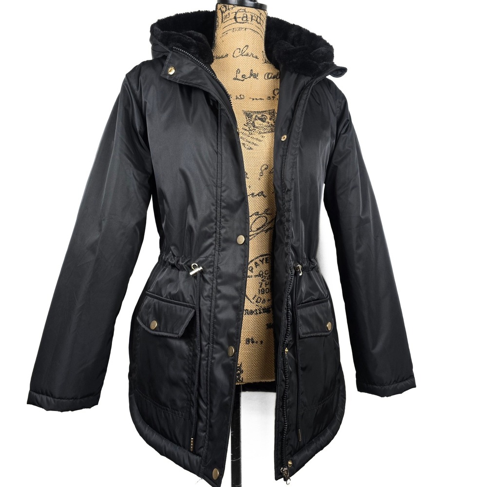 Vine & Valley Black Faux Fur Hooded Parka Jacket Cinched Waist Small